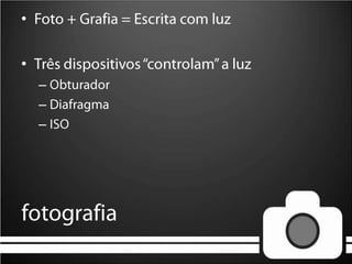 Foto + Grafia = Escrita com luzTrêsdispositivos “controlam” a luzObturadorDiafragmaISOfotografia