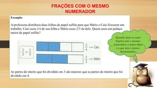 FRAÇÕES COM O MESMO
NUMERADOR
Exemplo:

A professora distribuiu duas folhas de papel sulfite para que Mário e Caio fizessem um
trabalho. Caio usou 2/4 de sua folha e Mário usou 2/3 da dele. Quem usou um pedaço
maior de papel sulfite?
Quando duas ou mais
frações tem o mesmo
numerador, a maior delas
é a que tem o menor
denominador.

As partes do inteiro que foi dividido em 3 são maiores que as partes do inteiro que foi
dividido em 4.

 