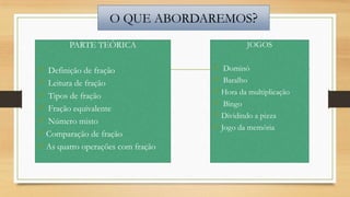 O QUE ABORDAREMOS?
PARTE TEÓRICA

 Definição de fração
 Leitura de fração
 Tipos de fração
 Fração equivalente
 Número misto
 Comparação de fração
 As quatro operações com fração

JOGOS

 Dominó
 Baralho
 Hora da multiplicação
 Bingo
 Dividindo a pizza
 Jogo da memória

 