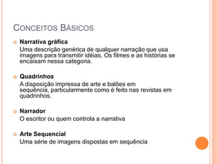 O quadro ou quadrinho é a unidade mínima que, em conjunto sequenciado, forma a HQ. Cada sequência da história é chamada de tirinha.CuriosidadesAs Histórias em Quadrinhos no mundo:StripComicsou “funnies” nos USA (tiras de humor);BandeDessinée (banda, tira desenhada) na França e Bélgica;Banda Desenhada ou História aos Quadradinhos em Portugal;TBO na Espanha (nome de uma revista famosa);Historieta ou Comics (América Castelhana);Fumetti na Itália (fumaçinha, o balão das falas)Mangá (Japão);Gibi no Brasil (nome de uma revista famosa)Gibi significa moleque negrinho e indica os jornaleiros que vendiam de mão em mão os jornais com suplementos de HQ).