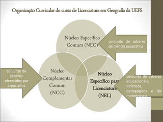 OrganizaçãoCurriculardocursodeLicenciaturaemGeografiadaUEFS
Núcleo Específico
Comum (NEC)
Núcleo
Específico para
Licenciatura
(NEL)
Núcleo
Complementar
Comum
(NCC)
conjunto de saberes
da ciência geográfica
conjunto de saberes
educacionais,
didáticos,
pedagógicos e de
metodologia
conjunto de
saberes
oferecidos por
áreas afins
 