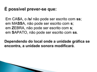 É possível prever-se que:
Em CASA, o /s/ não pode ser escrito com ss;
em MASSA, não pode ser escrito com s;
em ZEBRA, não pode ser escrito com s;
em SAPATO, não pode ser escrito com ss.
Dependendo do local onde a unidade gráfica se
encontra, a unidade sonora modificará.
 