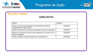 Programa de Ação
④ AÇÕES E PRAZOS
AÇÕES DO PCA
AÇÕES PRAZOS
Validar os Guias de Aprendizagem dos professores da área de
Linguagens com o apoio do GP.
01/03/2021
Validar os Programas de Ação dos professores da área de Linguagens. 10/04/2021
Elaborar uma agenda formativa para professores em parceria com o
Gestor Pedagógico.
15/04/2021
Construir a Matriz Curricular Sintética com os professores. 25/03/2021
 