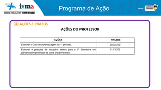 Programa de Ação
④ AÇÕES E PRAZOS
AÇÕES DO PROFESSOR
AÇÕES PRAZOS
Elaborar o Guia de Aprendizagem do 1º período. 20/02/2021
Elaborar a proposta de disciplina eletiva para o 1º Semestre em
parceria com professor de outra disciplina/área.
01/03/2021
 