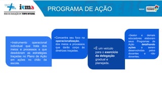 •Concentra seu foco na
operacionalização,
dos meios e processos
que darão corpo às
diretrizes traçadas.
•Instrumento operacional
individual que trata dos
meios e processos e que
desdobram as estratégias
traçadas no Plano de Ação
em ações no chão da
escola.
•É um veículo
para o exercício
da delegação
gradual e
planejada.
PROGRAMA DE AÇÃO
•Gestor e demais
educadores elaboram
seus Programas de
Ação detalhando
ações a serem
desenvolvidas pelos
docentes e não
docentes.
 
