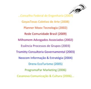 ...Conselho Federal de Engenharia (2007)
GoyasTexas Coletivo de Arte (2008)
Planner Moov Tecnologia (2002)
Rede Comunidade Brasil (2009)
Milhomem Advogados Associados (2002)
Essência Processos de Grupos (2003)
Tramitty Consultoria Governamental (2003)
Neocom Informação & Estratégia (2004)
Drena EcoTurismo (2005)
ProgramaPar Marketing (2006)
Casanova Comunicação & Cultura (2006)...
 