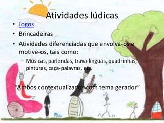 Atividades lúdicasJogosBrincadeirasAtividades diferenciadas que envolva-os e motive-os, tais como:Músicas, parlendas, trava-línguas, quadrinhas, pinturas, caça-palavras, etc.“Ambos contextualizados com tema gerador”