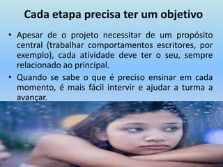 Cada etapa precisa ter um objetivoApesar de o projeto necessitar de um propósito central (trabalhar comportamentos escritores, por exemplo), cada atividade deve ter o seu, sempre relacionado ao principal. Quando se sabe o que é preciso ensinar em cada momento, é mais fácil intervir e ajudar a turma a avançar. 
