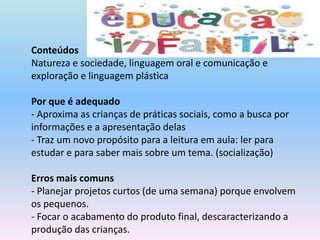 Educação Infantil	ConteúdosNatureza e sociedade, linguagem oral e comunicação e exploração e linguagem plásticaPor que é adequado- Aproxima as crianças de práticas sociais, como a busca por informações e a apresentação delas - Traz um novo propósito para a leitura em aula: ler para estudar e para saber mais sobre um tema. (socialização)Erros mais comuns- Planejar projetos curtos (de uma semana) porque envolvem os pequenos.- Focar o acabamento do produto final, descaracterizando a produção das crianças.