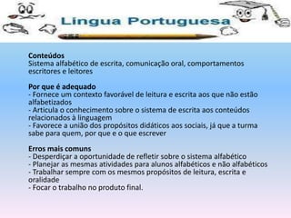 Língua portuguesa	ConteúdosSistema alfabético de escrita, comunicação oral, comportamentos escritores e leitoresPor que é adequado- Fornece um contexto favorável de leitura e escrita aos que não estão alfabetizados - Articula o conhecimento sobre o sistema de escrita aos conteúdos relacionados à linguagem - Favorece a união dos propósitos didáticos aos sociais, já que a turma sabe para quem, por que e o que escreverErros mais comuns- Desperdiçar a oportunidade de refletir sobre o sistema alfabético - Planejar as mesmas atividades para alunos alfabéticos e não alfabéticos - Trabalhar sempre com os mesmos propósitos de leitura, escrita e oralidade - Focar o trabalho no produto final.