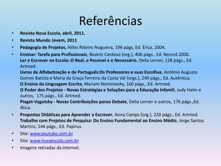 ReferênciasRevista Nova Escola, abril, 2011.Revista Mundo Jovem, 2011Pedagogia de Projetos, Nilbo Ribeiro Nogueira, 196 págs, Ed. Érica, 2004.Ensinar: Tarefa para Profissionais, Beatriz Cardoso (org.), 406 págs., Ed. Record.2000.Ler e Escrever na Escola: O Real, o Possível e o Necessário, Delia Lerner, 128 págs., Ed. Artmed.Livros de Alfabetização e de Português:Os Professores e suas Escolhas, Antônio Augusto Gomes Batista e Maria da Graça Ferreira da Costa Val (orgs.), 240 págs., Ed. Autêntica.O Ensino da Linguagem Escrita, Myriam Nemirovsky, 160 págs., Ed. Artmed.O Poder dos Projetos - Novas Estratégias e Soluções para a Educação Infantil, Judy Helm e outros,  175 págs., Ed. Artmed.Piaget-Vygotsky - Novas Contribuições parao Debate, Delia Lerner e outros, 176 págs.,Ed. Ática.Propostas Didáticas para Aprender a Escrever, Anna Camps (org.), 220 págs., Ed. Artmed.Trabalho com Projetos de Pesquisa: Do Ensino Fundamental ao Ensino Médio, Jorge Santos Martins, 144 págs., Ed. Papirus.Site: www.youtube.com.brSite: www.novaescola.com.brImagens retiradas da internet.