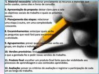 	 5. Material necessário: selecionar previamente os recursos e materiais que serão usados, como sites e livros de consulta. 6. Apresentação da proposta: deixar claro para a sala os objetivos sociais do trabalho e quais os próximos passos. 7. Planejamento das etapas: relacionar uma etapa à outra, em uma complexidade crescente.8. Encaminhamentos: antecipar quais serão as perguntas que você fará para encaminhar a atividade. 9. Agrupamentos: prever quais momentos serão em grupo, em duplas e individuais. 10. Versões provisórias: revisar o que a garotada fez e pedir novas versões do trabalho. 11. Produto final: escolher um produto final forte para dar visibilidade aos processos de aprendizagem e aos conteúdos aprendidos. 12. Avaliação: prever os critérios de avaliação e registrar a participação de cada um ao longo do trabalho.