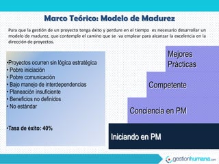 Marco Teórico: Modelo de Madurez
Para que la gestión de un proyecto tenga éxito y perdure en el tiempo es necesario desarrollar un
modelo de madurez, que contemple el camino que se va emplear para alcanzar la excelencia en la
dirección de proyectos.

                                                                              Mejores
•Proyectos ocurren sin lógica estratégica                                     Prácticas
• Pobre iniciación
• Pobre comunicación
• Bajo manejo de interdependencias                                  Competente
• Planeación insuficiente
• Beneficios no definidos
• No estándar
                                                           Conciencia en PM
•Tasa de éxito: 40%
                                                  Iniciando en PM
 