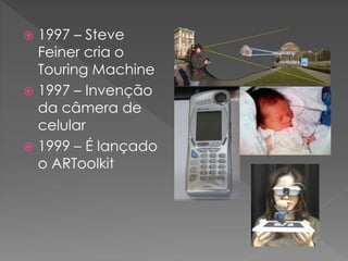  1997 – Steve
Feiner cria o
Touring Machine
 1997 – Invenção
da câmera de
celular
 1999 – É lançado
o ARToolkit
 