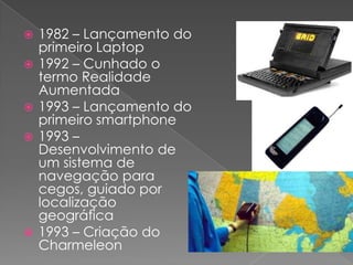 1982 – Lançamento do primeiro Laptop1992 – Cunhado o termo Realidade Aumentada1993 – Lançamento do primeiro smartphone1993 – Desenvolvimento de um sistema de navegação para cegos, guiado por localização geográfica1993 – Criação do Charmeleon