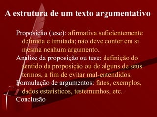A estrutura de um texto argumentativo   Proposição (tese):  afirmativa suficientemente definida e limitada; não deve conter em si mesma nenhum argumento.  Análise da proposição ou tese:  definição do sentido da proposição ou de alguns de seus termos, a fim de evitar mal-entendidos.  Formulação de argumentos:  fatos, exemplos, dados estatísticos, testemunhos, etc.  Conclusão 