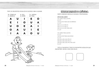 18 19
2ÊFLQDGH REFORÇO ESCOLAR – 1O
ANO 2ÊFLQDGH REFORÇO ESCOLAR – 1O
ANO
INTERPRETANDO MÚSICA
CANTE A MÚSICA COM SEUS COLEGAS E PROFESSOR(A).
SÍTIO DO SEU LOBATO
SEU LOBATO TINHA UM SÍTIO
IA, IA, Ô!
E NO SEU SÍTIO TINHA UM CACHORRINHO
IA, IA, Ô!
ERA AU, AU, AU PRA CÁ
ERA AU, AU, AU PRA LÁ
ERA AU, AU, AU PRA TODO LADO
IA, IA, Ô!
SEU LOBATO TINHA UM SÍTIO
IA, IA, Ô!
E NO SEU SÍTIO TINHA UM GATINHO
IA, IA, Ô!
ERA MIAU, MIAU, MIAU PRA CÁ
ERA MIAU, MIAU, MIAU PRA LÁ
ERA MIAU, MIAU, MIAU PRA TODO LADO
IA, IA, Ô!
CIRCULE NA MÚSICA TODOS OS ENCONTROS VOCÁLICOS QUE
ENCONTRAR. DEPOIS, COPIE DOIS DELES.
PINTE OS ENCONTROS VOCÁLICOS DE ACORDO COM A LEGENDA.
AU- VERMELHO AI- AZUL EU- LARANJA
UI- AMARELO IA- VERDE AO- ROSA
A U I E O
E I O U A
U O E A I
O A U I E
I A A O U
RESPOSTA PESSOAL.
 