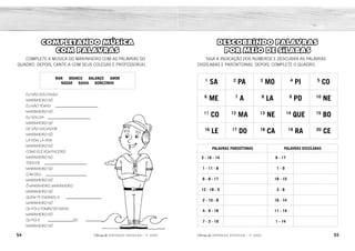 54 55
2ÊFLQDGH REFORÇO ESCOLAR – 1O
ANO 2ÊFLQDGH REFORÇO ESCOLAR – 1O
ANO
DESCOBRINDO PALAVRAS
POR MEIO DE SÍLABAS
SIGA A INDICAÇÃO DOS NÚMEROS E DESCUBRA AS PALAVRAS
DISSÍLABAS E PAROXÍTONAS. DEPOIS, COMPLETE O QUADRO.
1
SA 2
PA 3
MO 4
PI 5
CO
6
ME 7
A 8
LA 9
PO 10
NE
11
CO 12
MA 13
NE 14
QUE 15
BO
16
LE 17
DO 18
CA 19
RA 20
CE
PALAVRAS PAROXÍTONAS PALAVRAS DISSÍLABAS
3 - 16 - 14 6 - 17
1 - 11 - 8 1 - 9
6 - 8 - 17 18 - 15
12 - 18 - 5 3 - 8
2 - 10 - 8 16 - 14
4 - 9 - 18 11 - 14
7 - 3 - 19 1 - 14
COMPLETANDO MÚSICA
COM PALAVRAS
COMPLETE A MÚSICA DO MARINHEIRO COM AS PALAVRAS DO
QUADRO. DEPOIS, CANTE-A COM SEUS COLEGAS E PROFESSOR(A).
MAR BRANCO BALANÇO AMOR
NADAR BAHIA BONEZINHO
EU NÃO SOU DAQUI
MARINHEIRO SÓ
EU NÃO TENHO
MARINHEIRO SÓ
EU SOU DA
MARINHEIRO SÓ
DE SÃO SALVADOR
MARINHEIRO SÓ
LÁ VEM, LÁ VEM
MARINHEIRO SÓ
COMO ELE VEM FACEIRO
MARINHEIRO SÓ
TODO DE
MARINHEIRO SÓ
COM SEU
MARINHEIRO SÓ
Ô MARINHEIRO, MARINHEIRO
MARINHEIRO SÓ
QUEM TE ENSINOU A
MARINHEIRO SÓ
OU FOI O TOMBO DO NAVIO
MARINHEIRO SÓ
OU FOI O DO
MARINHEIRO SÓ
MOLEQUE MEDO
SAPO
CABO
MOLA
LEQUE
COQUE
SAQUE
SACOLA
MELADO
MACACO
PANELA
PIPOCA
AMORA
AMOR
BAHIA
BRANCO
NADAR
BALANÇO MAR
BONEZINHO
 