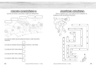 72 73
2ÊFLQDGH REFORÇO ESCOLAR – 1O
ANO 2ÊFLQDGH REFORÇO ESCOLAR – 1O
ANO
SEQUÊNCIA NUMÉRICA
PINTE O CAMINHO QUE LEVA O MACACO ATÉ A BANANA. OS
NÚMEROS ESTÃO EM ORDEM CRESCENTE.
2
9
7
6
8
10
4
8
5
7
9
7
0
5 0
3
6
8
0
6
9
2
3
4
6
5
1
5
10
1
1
0
8
10
3
2
4
3
DESAFIO MATEMÁTICO 2
DECIFRE AS PISTAS E DESCUBRA O NOME DOS MORADORES.
A) A CASA DE PEDRO TEM UM JARDIM NA FRENTE E NÃO TEM PORTA
PRINCIPAL.
B) A CASA DE GIOVANA TEM UM JARDIM NA FRENTE E TEM PORTA.
C) A CASA DE RUTE TEM 8 JANELAS.
D) A CASA DE BETE TEM 2 JANELAS.
E) A CASA DE JOÃO TEM 12 JANELAS.
1
2
3
4
5
7
8
0
6
9
1
5
10
2
4
3
4
GIOVANA
BETE
JOÃO
PEDRO RUTE
1
5
2
3
 