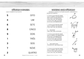 82 83
2ÊFLQDGH REFORÇO ESCOLAR – 1O
ANO 2ÊFLQDGH REFORÇO ESCOLAR – 1O
ANO
CANTIGA COM NÚMEROS
ORGANIZE A CANTIGA, NA PÁGINA SEGUINTE, OBSERVANDO A
ORDEM DOS NÚMEROS.
4- FOI NA LOJA DO MESTRE ANDRÉ
QUE EU COMPREI UM PANDEIRINHO
PAC-TIC-PAC, UM PANDEIRINHO!
PLIM, PLIM, PLIM, UM PIANINHO!
FI-FI-RI-FI-FIM, UMA FLAUTINHA!
RA-TA-PLAN, UM TAMBORZINHO!
1- FOI NA LOJA DO MESTRE ANDRÉ
QUE EU COMPREI UM PIANINHO!
PLIM, PLIM, PLIM, UM PIANINHO!
5- ... UM VIOLÃO!
DING, DING, DONG, UM VIOLÃO!
3- FOI NA LOJA DO MESTRE ANDRÉ
QUE EU COMPREI UM TAMBORZINHO!
RA-TA-PLAN, UM TAMBORZINHO!
PLIM-PLIM-PLIM, UM PIANINHO!
FI-FI-RI-FI-FIM, UMA FLAUTINHA!
RA-TA-PLAN, UM TAMBORZINHO!
6- ... UMA CORNETINHA!
TA-TA-RA-TA,TÁ, UMA CORNETINHA!
2- FOI NA LOJA DO MESTRE ANDRÉ
QUE EU COMPREI UMA FLAUTINHA!
FI-FI-RI-FI-FIM, UMA FLAUTINHA!
PLIM, PLIM, PLIM, UM PIANINHO!
NÚMERO E ESCRITA
LIGUE O NÚMERO À SUA ESCRITA.
5
4
6
8
9
1
3
7
2
OITO
UM
SETE
CINCO
DOIS
TRÊS
SEIS
NOVE
QUATRO
 