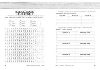 16 17
2ÊFLQDGH REFORÇO ESCOLAR – 3O
ANO 2ÊFLQDGH REFORÇO ESCOLAR – 3O
ANO
Complete o quadro com as palavras encontradas e acrescente mais
três palavras, de acordo com o grupo.
Agora escreva novamente as palavras dos quadros em ordem
alfabética e separe as sílabas:
Grupo do lh Grupo do ch Grupo do nh
Palavras com lh Separação de sílabas
Palavras com ch Separação de sílabas
Palavras com nh Separação de sílabas
CAÇA-PALAVRAS
ORTOGRÁFICO
Encontre as palavras no caça-palavras. Pinte cada círculo de uma
cor e, ao encontrar a palavra, pinte-a da mesma cor usada no círculo.
malha colchão palhaço
chuteira arranha galinha
patinho piolho lancheira
C O L C H Ã O D R A S T G V J O S E E O
V H N K A R E V E S L O B D G N Y V S D
X D T E T U I H A U H B B O P Ç N P D E
A E A A O V J L I G A U B B O P M I U V
M A L H A O A K F H B P A T I N H O C O
I J Z N X W O H O J S U B E M H A Q L L
H E O A T I E Q I R U P K F G R D L I A
C A R L G J U T O V J O R P I N H N B N
N R R A O S S A T T I E U A N A T H V C
F R A N O U IL P J I Y B N Y D M L A H H
H D E O L N B U C C M N A H C N R R Y E
C Y V R E P M N H K H T D Y K N T R O I
Q T A M V U C A U H O K O O I E D A X R
A T A T A B U K T L R R L O U C R N G A
M V G H D A E S E X A V P L O U C H R G
O F T I C X A C I A A N A E N H O A C I
R E V E S L O B R H U K L C A R R H D I
N R R A A O E S A P U V H X Z A B C D E
P I O L H O B D G N Y I A U H X C A T I
Y Y U H A C A N I J Z P Ç A N E N H I X
I H C N F H C D L O I P O H O T G M Y S
K E D E X O R L V E C O M U E E I R L V
U K K K G A L I N H A M A B U J O S A Q
malha
piolho
palhaço lancheira
colchão
chuteira patinho
arranha
galinha
Resposta pessoal. Resposta pessoal. Resposta pessoal.
Resposta pessoal. Resposta pessoal. Resposta pessoal.
Resposta pessoal. Resposta pessoal. Resposta pessoal.
malha ma-lha
palhaço pa-lha-ço
piolho pi-o-lho
colchão col-chão
chuteira chu-tei-ra
lancheira lan-chei-ra
arranha ar-ra-nha
galinha ga-li-nha
patinho pa-ti-nho
H
N
I
L
A
G
Ç
O
A
O
H
L
O
I
P
H
A
L
R
H
A
P
A
E
I
A
N
T
R
A
U
I
R
H
E
R
C
H
A
N
C
A
L
O
H
N
I
T
A
P
A
H
L
A
M
O
Ã
H
C
L
O
C
A
 