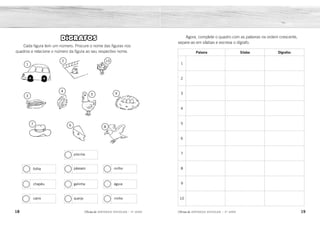 1
3
7 6 8
2
4
10
5 9
18 19
2ÊFLQDGH REFORÇO ESCOLAR – 3O
ANO 2ÊFLQDGH REFORÇO ESCOLAR – 3O
ANO
Agora, complete o quadro com as palavras na ordem crescente,
separe-as em sílabas e escreva o dígrafo.
Palavra Sílaba Dígrafos
1
2
3
4
5
6
7
8
9
10
DÍGRAFOS
Cada figura tem um número. Procure o nome das figuras nos
quadros e relacione o número da figura ao seu respectivo nome.
folha
chapéu
carro
piscina
pássaro
galinha
queijo
milho
águia
ninho
carro car-ro rr
piscina pis-ci-na sc
milho mi-lho lh
folha fo-lha lh
galinha ga-li-nha nh
queijo quei-jo qu
chapéu cha-péu ch
águia á-guia gu
ninho ni-nho nh
pássaro pás-sa-ro ss
4
7
1 6
5
10
2
3
8
9
 