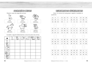 94 95
2ÊFLQDGH REFORÇO ESCOLAR – 3O
ANO 2ÊFLQDGH REFORÇO ESCOLAR – 3O
ANO
QUADRADOS NUMERADOS
Some os números de cada grupo e registre o resultado no
quadrinho:
16 9 5
53 34 12
18 28 54
35 69 73
14 12 9
39 1 6
33 19 65
38 49 18
9 12 14
24 26 28
17 68 9
32 17 36
20 45 19
49 17 2
19 87 32
19 49 13
26 48 51
19 21 60
15 15 15
15 15 15
12 12 12
34 57 23
67 54 11
17 65 24
23 73 25
60 60 24
12 28 17
31 89 33
12 65 19
17 43 18
45 21 54
38 19 67
18 53 41
21 90 15
67 9 65
32 13 80
54 91 18
9 12 71
50 33 59
45 29 41
21 12 25
78 13 13
18 18 18
19 36 57
38 21 16
78 11 2
67 92 15
42 30 62
SOMANDO PESOS
Observe o peso dos seguintes animais:
Complete a seguinte tabela fazendo a soma dos pesos dos animais.
Lobo
90 quilos
Cavalo
680 quilos
Porco
120 quilos
Elefante
730 quilos
Leão
350 quilos
Cachorro
95 quilos
+
229
290
322
397
258
306
327
277
257
126
356
241
257
352
392
399
180 185 820 770 210 440
185 190 825 775 215 445
820 825 1.460 1.410 850 1.080
770 775 1.410 1.360 800 1.030
210 215 850 800 240 470
440 445 1.080 1.030 470 700
 