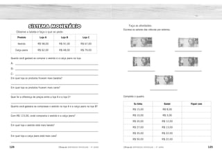 124 125
2ÊFLQDGH REFORÇO ESCOLAR – 3O
ANO 2ÊFLQDGH REFORÇO ESCOLAR – 3O
ANO
Faça as atividades:
Escreva os valores das cédulas por extenso.
Complete o quadro.
Eu tinha Gastei Fiquei com
R$ 15,00 R$ 8,00
R$ 10,00 R$ 3,00
R$ 20,00 R$ 12,00
R$ 27,00 R$ 13,00
R$ 35,00 R$ 22,00
R$ 50,00 R$ 22,00
SISTEMA MONETÁRIO
Observe a tabela e faça o que se pede:
Produto Loja A Loja B Loja C
Vestido R$ 58,00 R$ 91,00 R$ 67,00
Calça jeans R$ 62,00 R$ 48,00 R$ 79,00
Quanto você gastará se comprar o vestido e a calça jeans na loja:
A- __________________________________________________________
B- __________________________________________________________
C- __________________________________________________________
Em qual loja os produtos ficaram mais baratos?
_____________________________________________________________
Em qual loja os produtos ficaram mais caros?
_____________________________________________________________
Qual foi a diferença de preços entre a loja A e a loja C?
_____________________________________________________________
Quanto você gastaria se comprasse o vestido na loja A e a calça jeans na loja B?
_____________________________________________________________
Com R$ 115,00, onde compraria o vestido e a calça jeans?
_____________________________________________________________
Em qual loja o vestido está mais barato?
_____________________________________________________________
Em qual loja a calça jeans está mais cara?
_____________________________________________________________
Cem reais. Vinte reais.
Dez reais.
Dois reais.
Cinco reais.
R$ 7,00
R$ 7,00
R$ 8,00
R$ 14,00
R$ 13,00
R$ 28,00
R$ 120,00
R$ 139,00
R$ 146,00
Na loja A.
R$ 26,00.
R$ 106,00.
O vestido na loja C e a calça na loja B.
Na loja C.
Na loja A.
Na loja C.
 