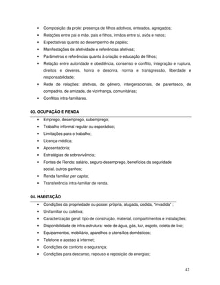 •

Composição da prole: presença de filhos adotivos, enteados, agregados;

•

Relações entre pai e mãe, pais e filhos, irmãos entre si, avós e netos;

•

Expectativas quanto ao desempenho de papéis;

•

Manifestações de afetividade e referências afetivas;

•

Parâmetros e referências quanto à criação e educação de filhos;

•

Relação entre autoridade e obediência, consenso e conflito, integração e ruptura,
direitos e deveres, honra e desonra, norma e transgressão, liberdade e
responsabilidade;

•

Rede de relações: afetivas, de gênero, intergeracionais, de parentesco, de
compadrio, de amizade, de vizinhança, comunitárias;

•

Conflitos intra-familiares.

03. OCUPAÇÃO E RENDA
•

Emprego, desemprego, subemprego;

•

Trabalho informal regular ou esporádico;

•

Limitações para o trabalho;

•

Licença-médica;

•

Aposentadoria;

•

Estratégias de sobrevivência;

•

Fontes de Renda: salário, seguro-desemprego, benefícios da seguridade
social, outros ganhos;

•

Renda familiar per capita;

•

Transferência intra-familiar de renda.
.

04. HABITAÇÃO
•

Condições da propriedade ou posse: própria, alugada, cedida, “invadida” ;

•

Unifamiliar ou coletiva;

•

Caracterização geral: tipo de construção, material, compartimentos e instalações;

•

Disponibilidade de infra-estrutura: rede de água, gás, luz, esgoto, coleta de lixo;

•

Equipamentos, mobiliário, aparelhos e utensílios domésticos;

•

Telefone e acesso à internet;

•

Condições de conforto e segurança;

•

Condições para descanso, repouso e reposição de energias;

42

 