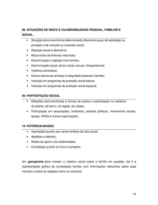 08. SITUAÇÕES DE RISCO E VULNERABILIDADE PESSOAL, FAMILIAR E
SOCIAL.
•

Situação sócio-econômica determinando diferentes graus de satisfação ou
privação e de inclusão ou exclusão social;

•

Rejeição social e abandono;

•

Maus-tratos de diversas naturezas;

•

Discriminação e rejeição intra-familiar;

•

Discriminação social, étnico-racial, sexual, intergeracional;

•

Violência doméstica;

•

Outros fatores de ameaça à integridade pessoal e familiar;

•

Inserção em programas de proteção social básica;

•

Inserção em programas de proteção social especial.

09. PARTICIPAÇÃO SOCIAL
•

Relações sócio-territoriais e formas de acesso e participação no cotidiano
do distrito, do bairro, da região, da cidade;

•

Participação em associações, sindicatos, partidos políticos, movimentos sociais,
igrejas, ONGs e outras organizações.

10. POTENCIALIDADES
•

Aspirações quanto aos vários âmbitos da vida social;

•

Aptidões e talentos;

•

Redes de apoio e de solidariedade;

•

Concepção quanto ao futuro e projetos.

Um genograma deve compor o relatório social sobre a família em questão, ele é a
representação gráfica da constelação familiar com informações relevantes sobre cada
membro e sobre as relações entre os membros.

44

 
