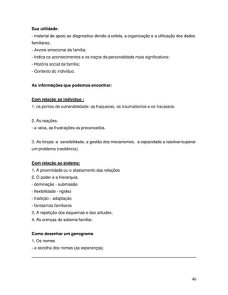 Sua utilidade:
- material de apoio ao diagnostico devido a coleta, a organização e a utilização dos dados
familiares;
- Arvore emocional da família;
- Indica os acontecimentos e os traços da personalidade mais significativos;
- História social da família;
- Contexto do indivíduo.
As informações que podemos encontrar:
Com relação ao indivíduo :
1. os pontos de vulnerabilidade: as fraquezas, os traumatismos e os fracassos.
2. As reações:
- a raiva, as frustrações os preconceitos.
3. As forças: a sensibilidade, a gestão dos mecanismos, a capacidade a resolver/superar
um problema (resiliência).
Com relação ao sistema:
1. A proximidade ou o afastamento das relações
2. O poder e a hierarquia:
- dominação - submissão
- flexibilidade - rigidez
- tradição - adaptação
- fantasmas familiares
3. A repetição dos esquemas e das atitudes;
4. As crenças do sistema familiar.
Como desenhar um genograma
1. Os nomes
- a escolha dos nomes (as esperanças)

46

 