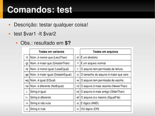 Comandos: test
       Descrição: testar qualquer coisa!
       test $var1 ­lt $var2
            Obs.: resultado em $?




                                      
 