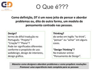 O Que é???
Como definição, DT é um novo jeito de pensar e abordar
problemas ou, dito de outra forma, um modelo de
pensamento centrado nas pessoas.
Design?
termo de difícil tradução no
Português: “Projeto”?
“Criação”? “Plano”?
Pode ter significados diferentes
conforme o propósito de uso:
webdesign, design de interiores,
design gráfico.
Thinking?
do verbo em Inglês “to think”,
“pensar” ou “achar” em alguns
casos.
“Design Thinking”?
No tradutor online:
“Pensamento de Design”.
Maneira como designers abordam problemas e como propõem resoluções
Promover uma experiência mais completa para as pessoas
 