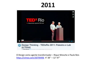 O Design como agente transformador – Rique Nitzsche e Paulo Reis
https://vimeo.com/30799496 4’ 38’’ – 12’ 47’’
2011
 