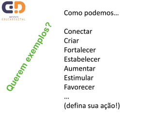 Como podemos…
Conectar
Criar
Fortalecer
Estabelecer
Aumentar
Estimular
Favorecer
…
(defina sua ação!)
 