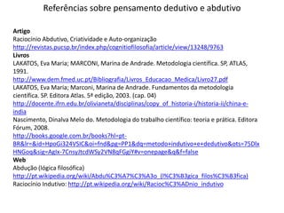 Referências sobre pensamento dedutivo e abdutivo
Artigo
Raciocínio Abdutivo, Criatividade e Auto-organização
http://revistas.pucsp.br/index.php/cognitiofilosofia/article/view/13248/9763
Livros
LAKATOS, Eva Maria; MARCONI, Marina de Andrade. Metodologia científica. SP, ATLAS,
1991.
http://www.dem.fmed.uc.pt/Bibliografia/Livros_Educacao_Medica/Livro27.pdf
LAKATOS, Eva Maria; Marconi, Marina de Andrade. Fundamentos da metodologia
científica. SP. Editora Atlas. 5ª edição, 2003. (cap. 04)
http://docente.ifrn.edu.br/olivianeta/disciplinas/copy_of_historia-i/historia-ii/china-e-
india
Nascimento, Dinalva Melo do. Metodologia do trabalho científico: teoria e prática. Editora
Fórum, 2008.
http://books.google.com.br/books?hl=pt-
BR&lr=&id=HpoGi324VSIC&oi=fnd&pg=PP1&dq=metodo+indutivo+e+dedutivo&ots=75Dlx
HNGoq&sig=AgIx-7CnsyJtcdWSy2VN8qFGgiY#v=onepage&q&f=false
Web
Abdução (lógica filosófica)
http://pt.wikipedia.org/wiki/Abdu%C3%A7%C3%A3o_(l%C3%B3gica_filos%C3%B3fica)
Raciocínio Indutivo: http://pt.wikipedia.org/wiki/Racioc%C3%ADnio_indutivo
 