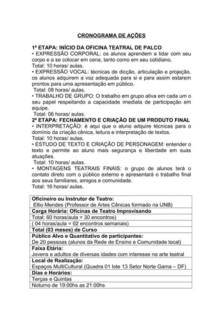 CRONOGRAMA DE AÇÕES 
1ª ETAPA: INÍCIO DA OFICINA TEATRAL DE PALCO 
• EXPRESSÃO CORPORAL: os alunos aprendem a lidar com seu 
corpo e a se colocar em cena, tanto como em seu cotidiano. 
Total: 10 horas/ aulas. 
• EXPRESSÃO VOCAL: técnicas de dicção, articulação e projeção, 
os alunos adquirem a voz adequada para si e para assim estarem 
prontos para uma apresentação em público. 
Total: 08 horas/ aulas. 
• TRABALHO DE GRUPO: O trabalho em grupo ativa em cada um o 
seu papel respeitando a capacidade imediata de participação em 
equipe. 
Total: 06 horas/ aulas. 
2ª ETAPA: FECHAMENTO E CRIAÇÃO DE UM PRODUTO FINAL 
• INTERPRETAÇÃO: é aqui que o aluno adquire técnicas para o 
domínio da criação cênica, leitura e interpretação de textos. 
Total: 10 horas/ aulas. 
• ESTUDO DE TEXTO E CRIAÇÃO DE PERSONAGEM: entender o 
texto e permite ao aluno mais segurança e liberdade em suas 
atuações. 
Total: 10 horas/ aulas. 
• MONTAGENS TEATRAIS FINAIS: o grupo de alunos terá o 
contato direto com o público externo e apresentará o trabalho final 
aos seus familiares, amigos e comunidade. 
Total: 16 horas/ aulas. 
Oficineiro ou Instrutor de Teatro: 
Ellio Mendes (Professor de Artes Cênicas formado na UNB) 
Carga Horária: Oficinas de Teatro Improvisando 
Total: 60 horas/aula = 30 encontros) 
( 04 horas/aula = 02 encontros semanais) 
Total (03 meses) de Curso 
Público Alvo e Quantitativo de participantes: 
De 20 pessoas (alunos da Rede de Ensino e Comunidade local) 
Faixa Etária: 
Jovens e adultos de diversas idades com interesse na arte teatral 
Local de Realização: 
Espaços MultiCultural (Quadra 01 lote 13 Setor Norte Gama – DF) 
Dias e Horários: 
Terças e Quintas 
Noturno de 19:00hs as 21:00hs 
