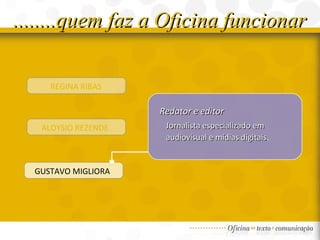 ........quem faz a Oficina funcionar REGINA RIBAS ALOYSIO REZENDE  GUSTAVO MIGLIORA  Redator e editor Jornalista especializado em audiovisual e mídias digitais . 