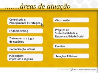 Projetos de Sustentabilidade e Responsabilidade Social Comunicação interna Consultoria e Planejamento Estratégico ........áreas de atuação Treinamento e jogos de negócios Eventos Ghost writer Publicações impressas e digitais Relações Públicas Endomarketing 
