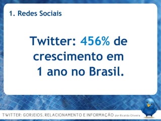 1. Redes Sociais Twitter:  456%  de  crescimento em  1 ano no Brasil. 