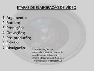 ETAPAS DE ELABORAÇÃO DE VÍDEO
1. Argumento;
2. Roteiro;
3. Produção;
4. Gravações;
5. Pós-produção;
6. Edição;
7. Divulgação. Existem variações das
nomenclaturas destas etapas de
acordo com as linguagens –
cinema (documentário, ficção...),
TV (entrevistas, reportagens...).
 