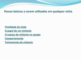 Passos básicos a serem utilizados em qualquer visita
Finalidade da visita
O papel de um visitante
O espaço do visitante na equipe
Comportamento
Treinamento do visitante
 