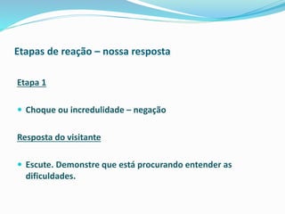 Etapas de reação – nossa resposta
Etapa 1
 Choque ou incredulidade – negação
Resposta do visitante
 Escute. Demonstre que está procurando entender as
dificuldades.
 