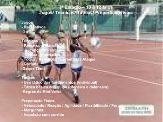 3º Estágio – 10 a 12 anos Jogos/ Técnicas/ Táticas/ Preparação física Jogos - Recreativos 3 x 3   Técnicas - Passe com Manchete  Recepção do saque Defesa de cortadas - Toque / Recepção / Levantada / Ataque - Cortada Saque Tênis  Táticas - Uso tático dos fundamentos (individual) - Tática básica de equipe (ofensiva e defensiva) Regras de Mini-Volei   Preparação Física - Velocidade / Reação / Agilidade / Flexibilidade / Força  - Mergulhos - Impulsão com corrida  