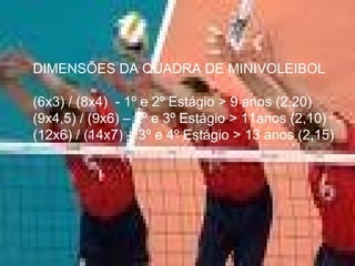 DIMENSÕES DA QUADRA DE MINIVOLEIBOL (6x3) / (8x4)  - 1º e 2º Estágio > 9 anos (2,20) (9x4,5) / (9x6) – 2º e 3º Estágio > 11anos (2,10) (12x6) / (14x7) – 3º e 4º Estágio > 13 anos (2,15) 