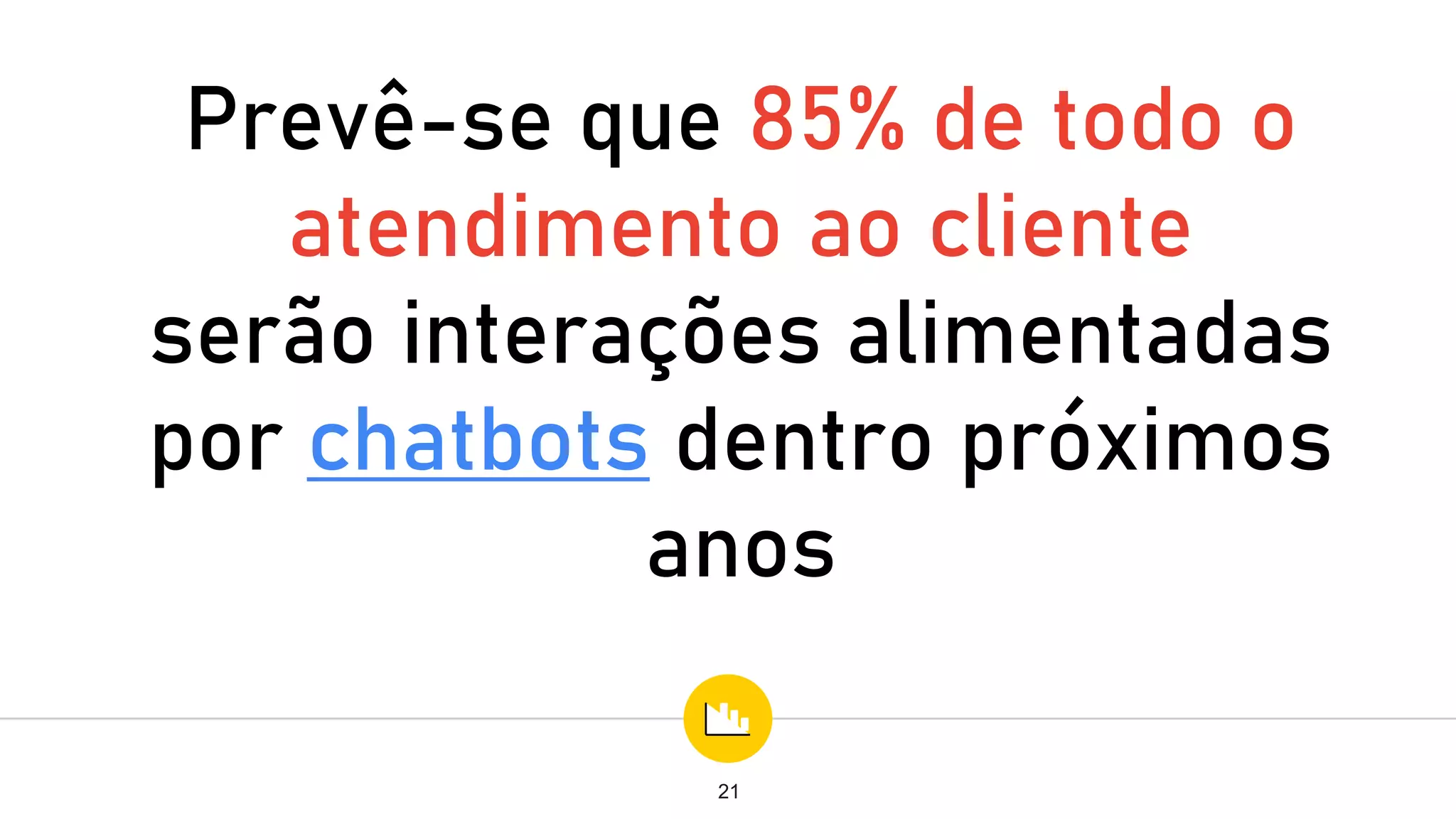 Prevê-se que 85% de todo o
atendimento ao cliente
serão interações alimentadas
por chatbots dentro próximos
anos
21
 