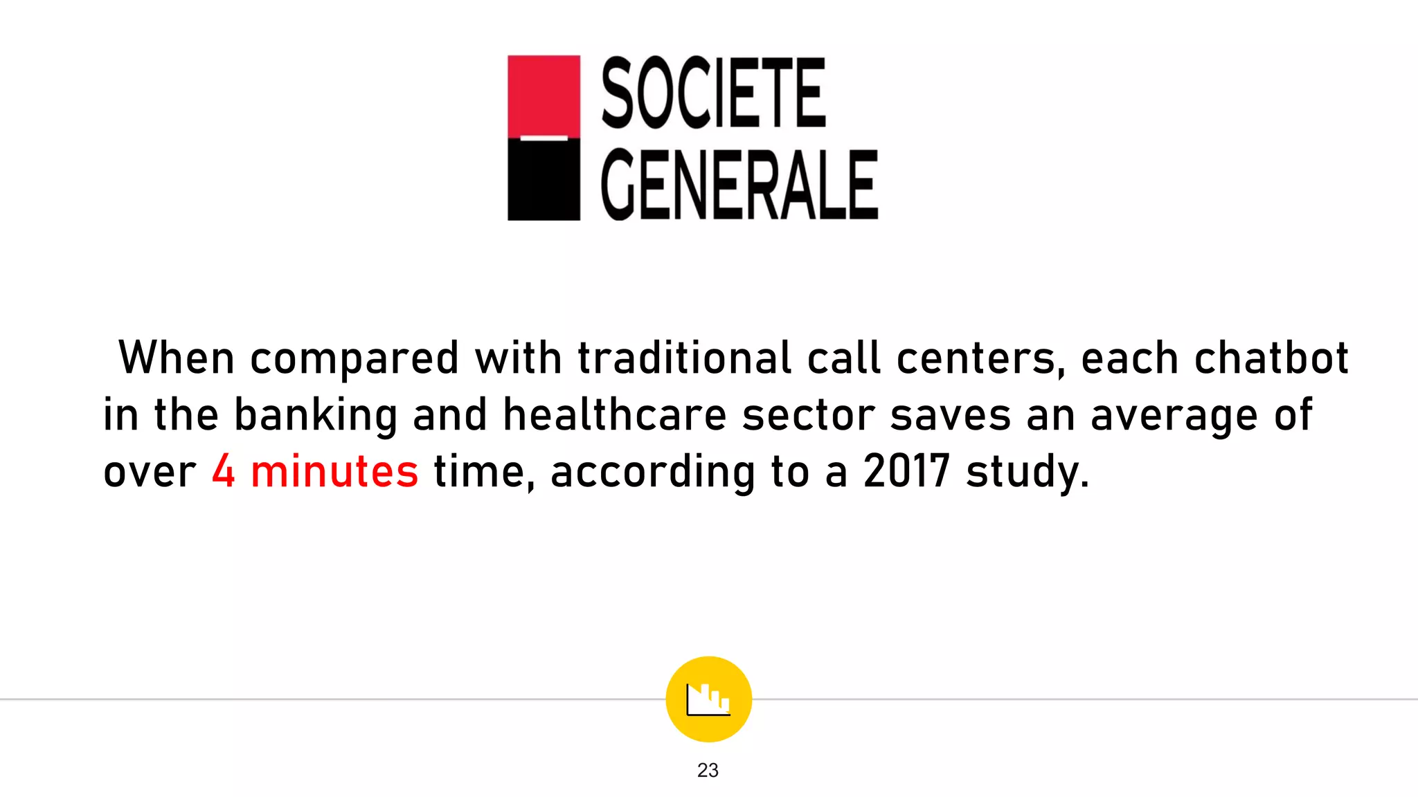 When compared with traditional call centers, each chatbot
in the banking and healthcare sector saves an average of
over 4 minutes time, according to a 2017 study.
23
 