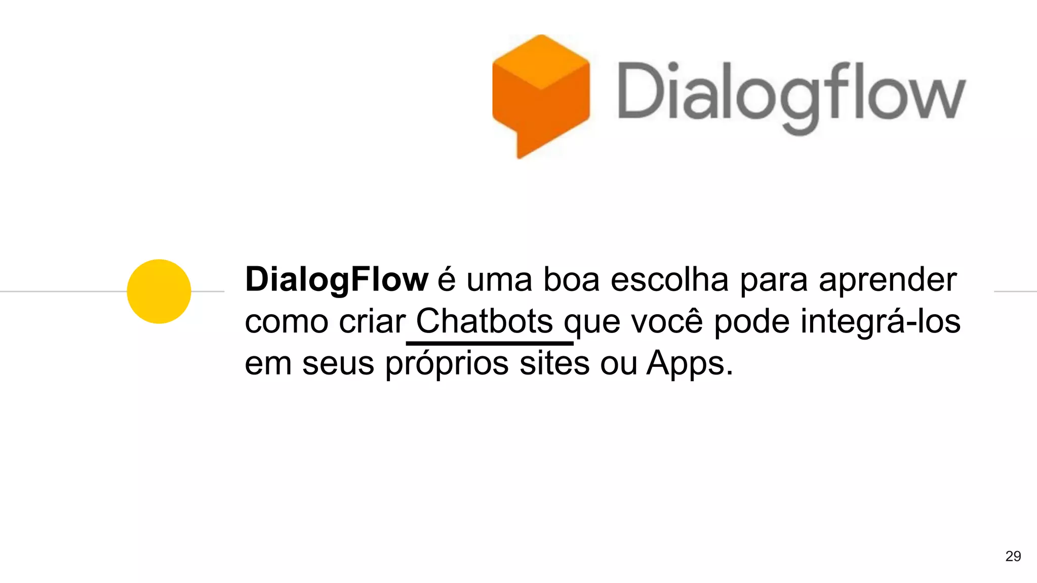 29
DialogFlow é uma boa escolha para aprender
como criar Chatbots que você pode integrá-los
em seus próprios sites ou Apps.
 