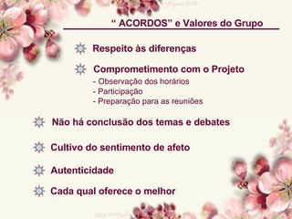 “  ACORDOS” e Valores do Grupo Respeito às diferenças Comprometimento com o Projeto -   Observação dos horários - Participação - Preparação para as reuniões Não há conclusão dos temas e debates Cultivo do sentimento de afeto Autenticidade Cada qual oferece o melhor 