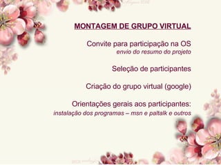 MONTAGEM DE GRUPO VIRTUAL Convite para participação na OS envio do resumo do projeto Seleção de participantes Criação do grupo virtual (google) Orientações gerais aos participantes: instalação dos programas – msn e paltalk e outros 